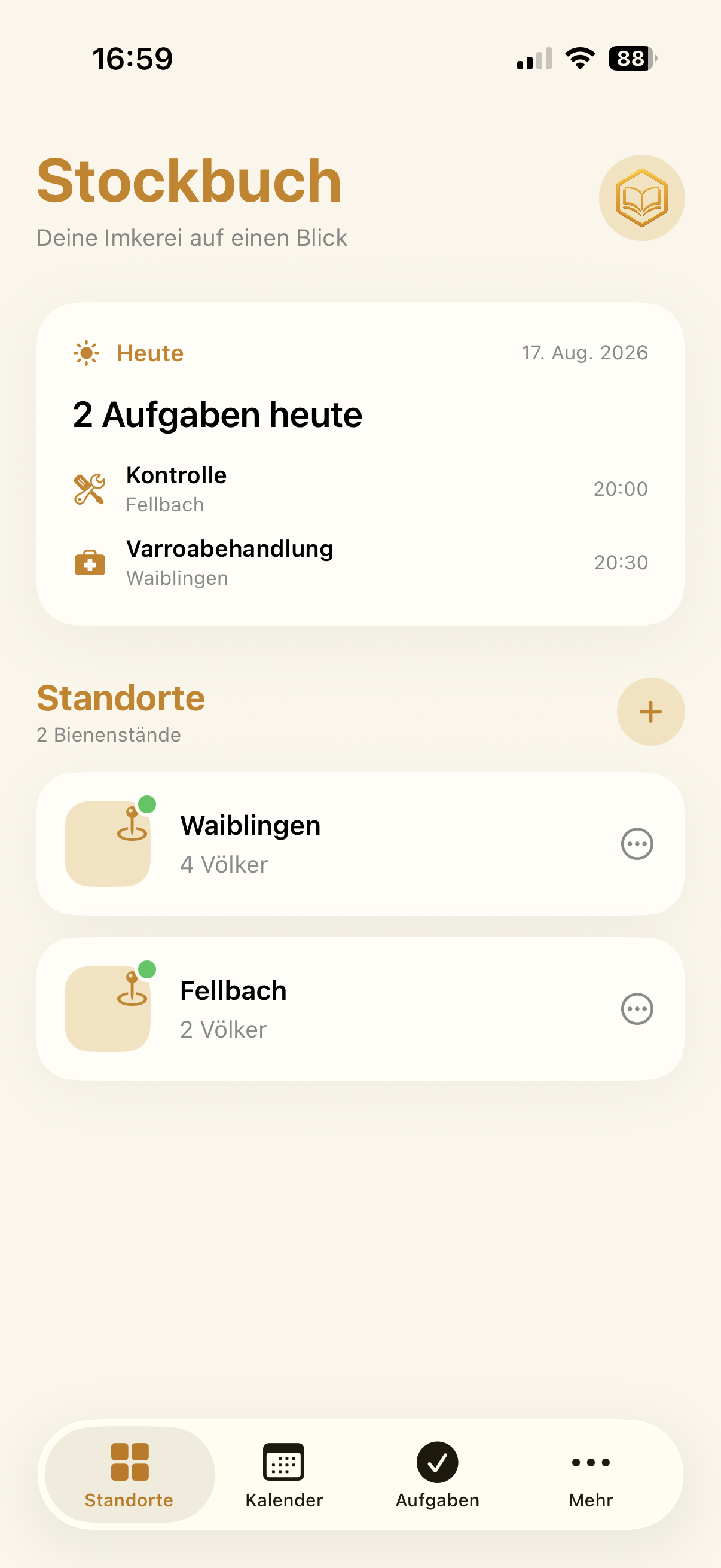 Stockbuch Startseite mit Aufgaben und Standorten